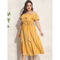 Bright color striped off shoulder print straight dress plus size long tight maxi plus size  dress stripes with waist belt